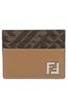 Fendi Squared Leather Card Holder With Ff Fabric Accents In Brown