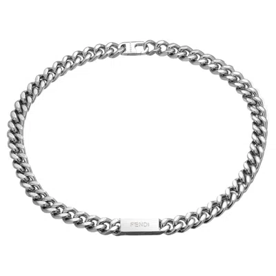 Pre-owned Fendi Men's Cuban Chain Necklace Silver Color Palladium Finish In Multi