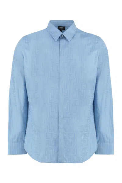 Fendi Men's Cyan Jacquard Short Sleeve Shirt For Ss24 In Blue