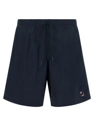 Fendi Ff Embroidered Technical Polyamide Swim Shorts In Blue