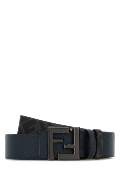 Fendi Men Dark Blue Leather Squared Ff Reversible Belt