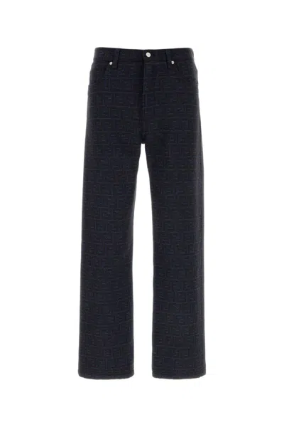 Fendi Embroidered Cotton Blend Trousers All Over Pattern In Blue