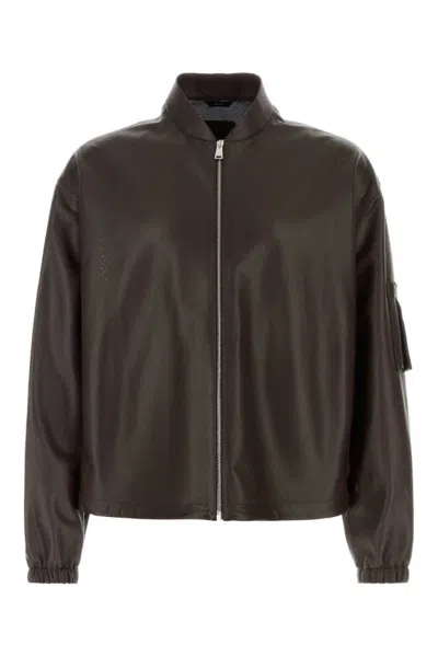 Fendi Chocolate Nappa Leather Bomber Jacket For Men In Brown