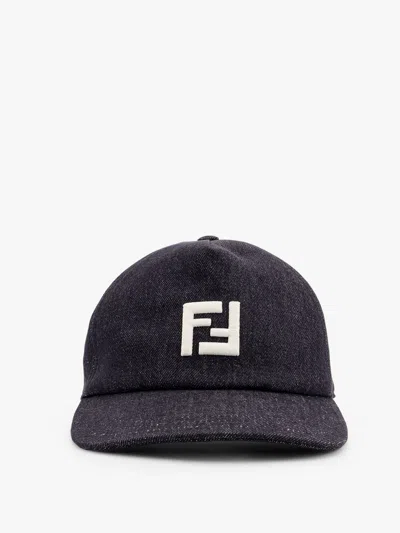 Fendi Men Denim Baseball Hat With Logo Embroidery In Negro