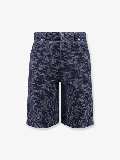 Fendi Men Denim Bermuda Shorts With All-over Ff Logo