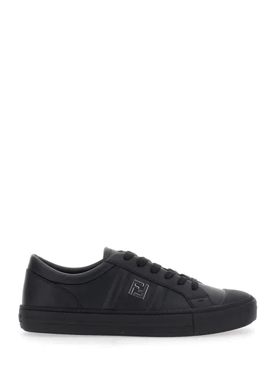 FENDI FENDI MEN “DOMINO” BLACK LOW-TOP SNEAKERS WITH METALLIC LOGO ON THE SIDE IN LEATHER MAN