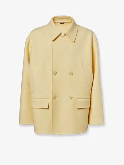 Fendi Men Double-breasted Wool Coat In Yellow