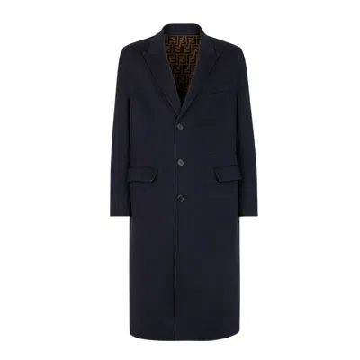Fendi Men's Double Wool Ff Logo Coat In Blue