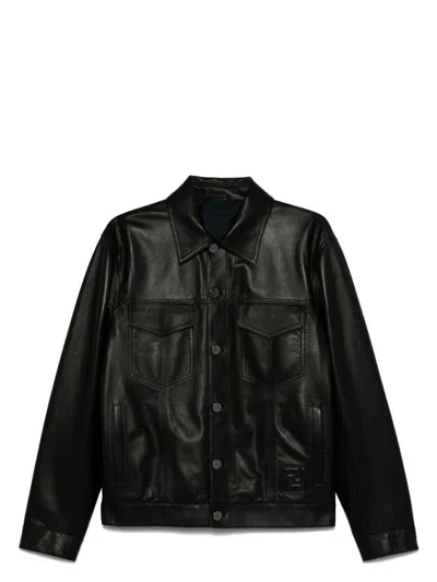 FENDI MEN'S EMBOSSED FF PATCH NAPPA LEATHER BLOUSON JACKET