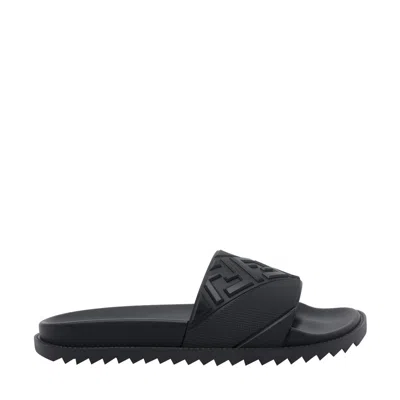 Fendi Rubber Slides With High Strap And Embossed Ff Motif Shoes In Black