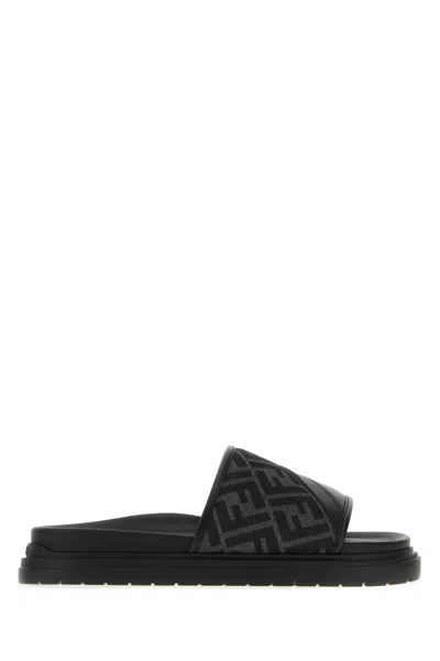 Fendi Men Embroidered Canvas And Leather  Diagonal Slippers In Black