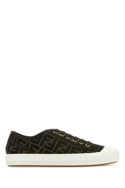 Fendi Men Embroidered Canvas Domino Sneakers In Black Tobacco