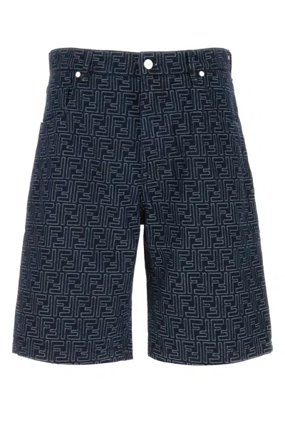 Fendi Men Embroidered Denim Bermuda Shorts In Blue