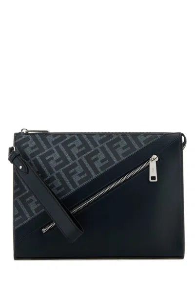 Fendi Men Embroidered Fabric And Leather Clutch In Multicolor
