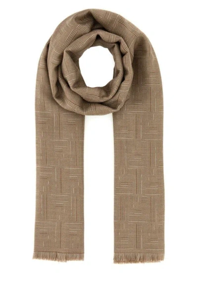 Fendi Men Embroidered Wool Blend Scarf In Brown
