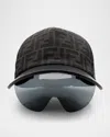 Fendi Men's Eyecap Shield Sunglasses With Baseball Cap In Shiny Blacksmoke Mirror