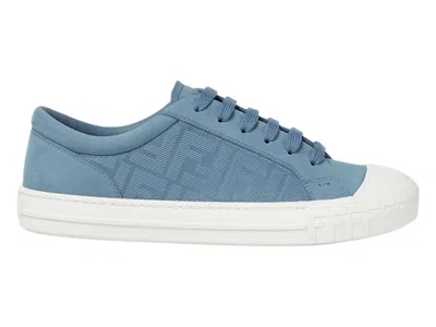 Pre-owned Fendi Men's  Domino Leather Sneakers In Light Blue Bubuck