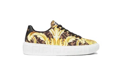 Pre-owned Fendi Men's  Fendace Baroque Greca Sneakers In White/gold/black In Multi