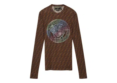 Pre-owned Fendi Men's  Fendace Ff Long Sleeve Tshirtin Brown