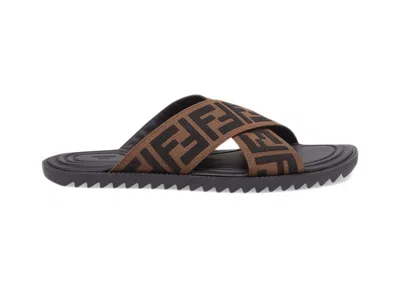 Pre-owned Fendi Men's  Ff Cross Band Slide Sneakers In Black Brown In Multi