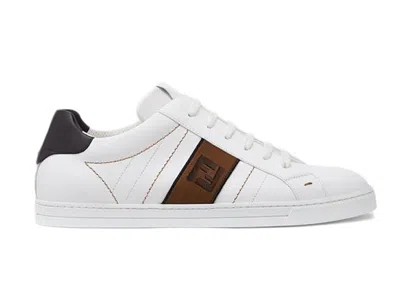 Pre-owned Fendi Men's  Ff Leather Low Top Sneakers In White/brown/black