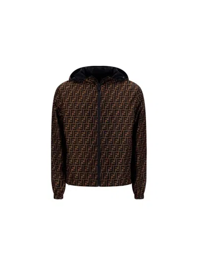 Pre-owned Fendi Men's  Ff Logo Zipup Lightweight Jacket In Tabacco/moro