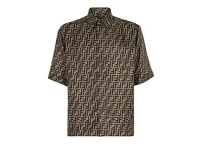 Pre-owned Fendi Men's  Ff Motif Silk Shirt In Brown/tobacco