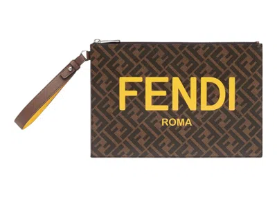 Pre-owned Fendi Men's  Flat Pouch Ff Monogram In Brown/yellow In Multi