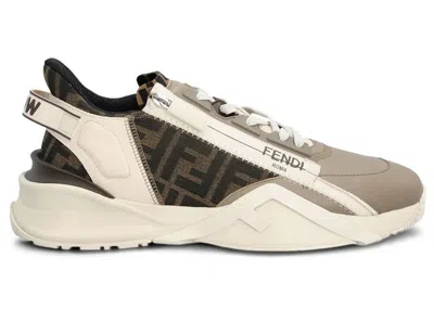 Pre-owned Fendi Men's  Flow Leather Jacquard Sneakers In Beige