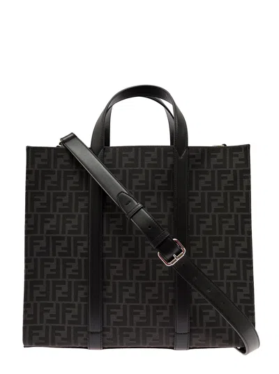 Fendi Men  Man's  Jacquard Ff Fabric Shopper  Bag In Black