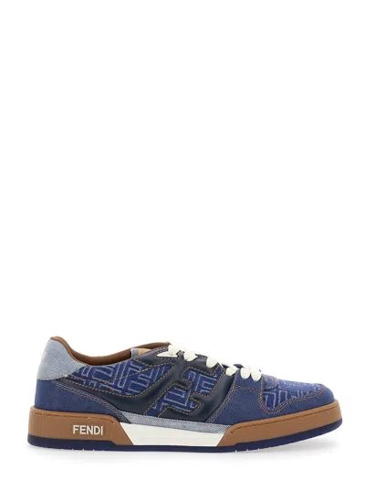 FENDI FENDI MEN BLUE LOW TOP SNEAKERS WITH LOGO PATCH ON THE TONGUE IN FF CANVAS AND LEATHER MAN