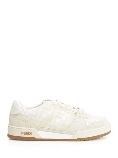 Fendi Match Ff Jacquard And Leather Sneakers In Neutral