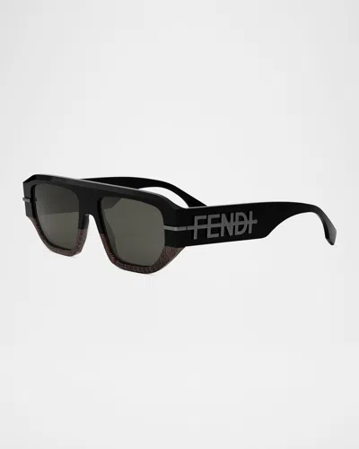 Fendi Men's Graphy Square Sunglasses In Blackother Smoke