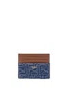Fendi Blue Denim Effect Ff Jacquard Card Holder And Brown Leather Men In Blue