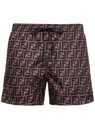 Fendi Tech Fabric With All-over Ff Pattern Swim Shorts In Brown