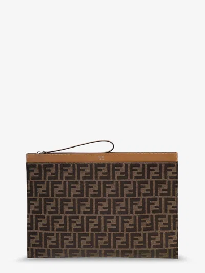 Fendi Men Ff Jacquard Fabric Flat Pouch Large In Brown
