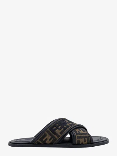 Fendi Double Crossed Band Logo Slides With Jacquard Ff Design In Black