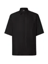 Fendi Men Black Oversize Shirt With Short Wide Sleeves And All-over Ff Embroidery In Linen Blend Man In Black