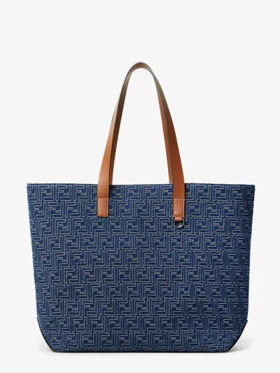 Fendi Men Ff Jacquard Tote Bag With Denim Effect In White