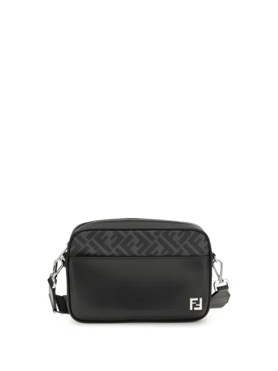 Fendi Men Ff Leather And Canvas Shoulder Bag In Black