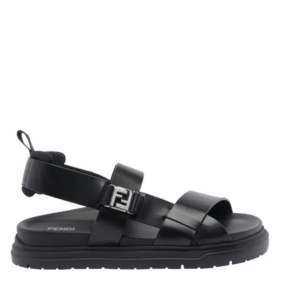 Fendi Ff Leather Sandals In Black