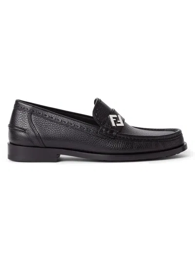 Fendi Men's Ff Logo Leather Loafers In Black