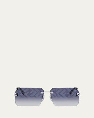 Fendi Men's Ff-monogram Square Sunglasses In Shiny Palladium Gradient Blue