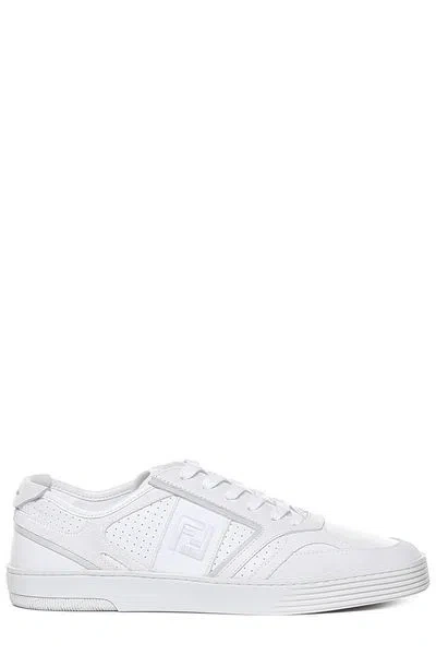 Fendi Men's Ff Motif Low-top Sneakers In White Leather With Raffia Detailing