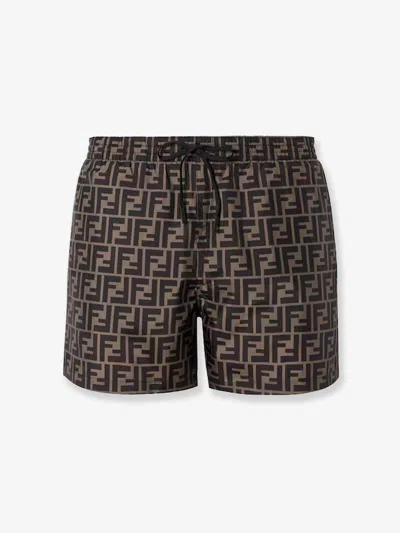 Fendi Tech Fabric With All-over Ff Pattern Swim Shorts In Brown