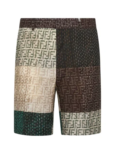 FENDI FENDI MEN FF PATCHWORK LINEN BERMUDA SHORTS
