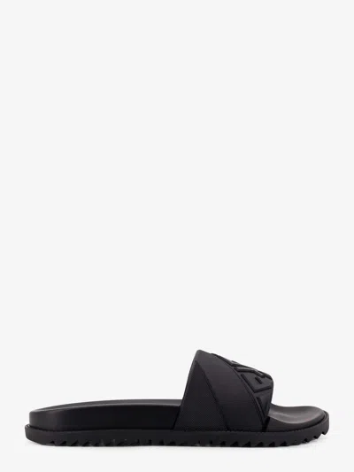 Fendi Rubber Slides With High Strap And Embossed Ff Motif Shoes In Black