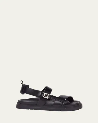 Fendi Men's Ff Side-buckle Leather Sandals In Black