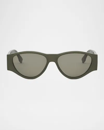 Fendi Men's Ff Squared Acetate Oval Sunglasses In Green