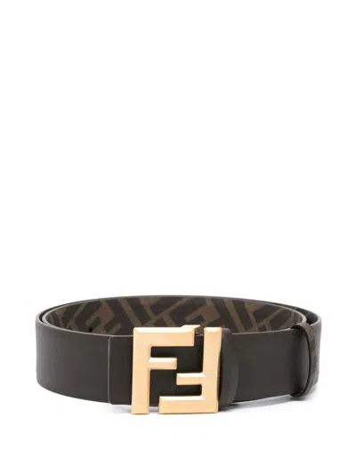 FENDI FENDI MEN FF SQUARED LEATHER AND CANVAS REVERSIBLE BELT